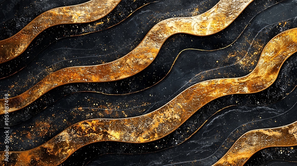 Fototapeta premium A textured surface featuring wavy gold and black patterns, creating an elegant and modern visual contrast.