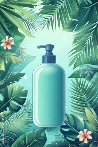 Stylish amber bottle surrounded by green tropical leaves on textured background
