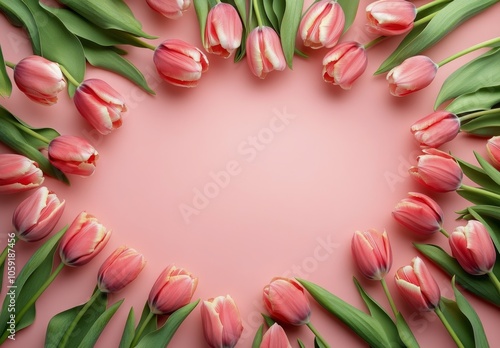 Colorful tulips arranged in a heart shape on a pink background for a cheerful...