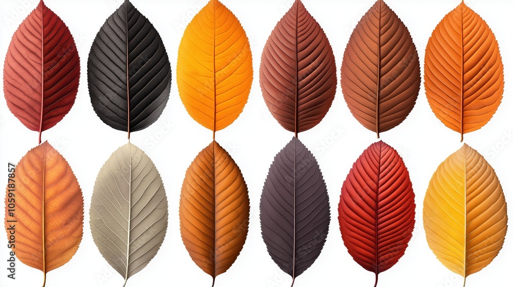 Obraz premium Collection of stylized autumn leaves in various colors arranged in rows on a white background.