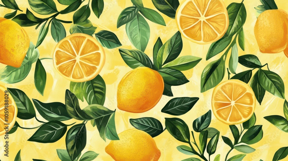 Bright lemons with vibrant green leaves, scattered on yellow background, fresh look Bright lemons with vibrant green leaves, scattered on yellow background, fresh look
