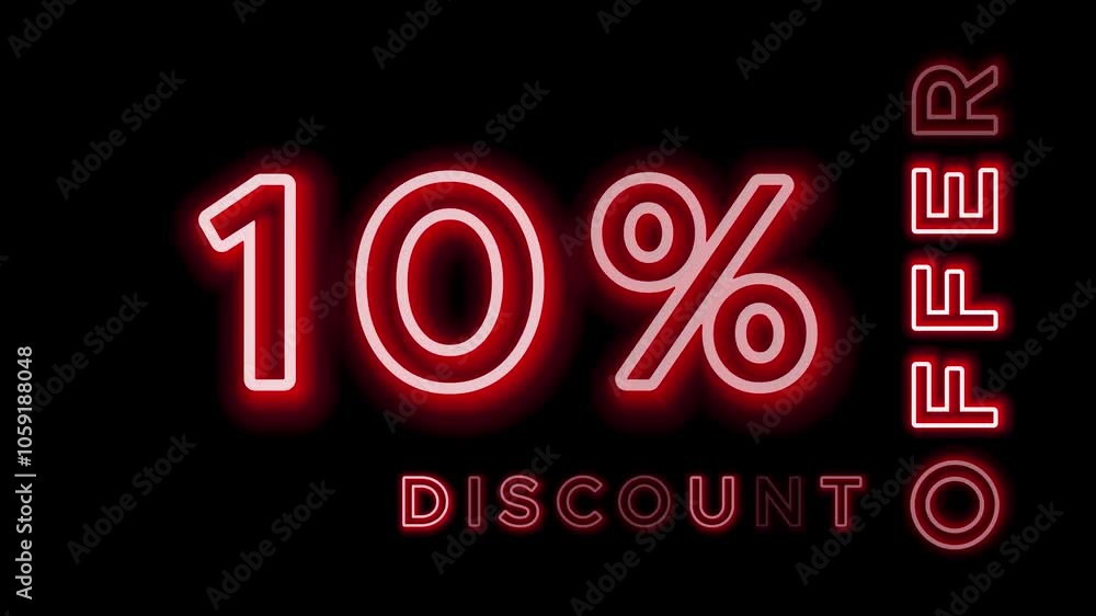 10% Discount Offer red neon Text isolated Black Background. 10% Discount Offer red neon Text isolated Black Background.