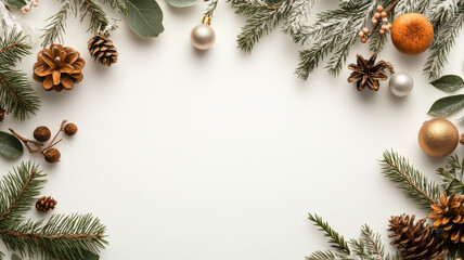 Festive Christmas decorations frame blank space, featuring pinecones, ornaments, and greenery, creating warm and inviting holiday atmosphere