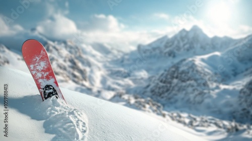 A snowboarder in a red jacket gazes at snowy mountain peaks during a bright w...