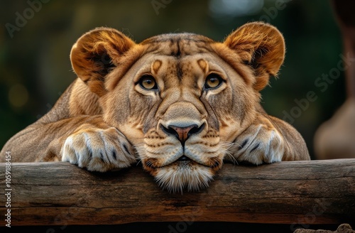 Majestic lioness resting on wooden log in a serene habitat during the golden ...
