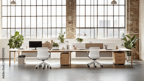 A modern office space featuring large windows, plants, and minimalist furniture creates bright and inviting atmosphere. design promotes productivity and comfort