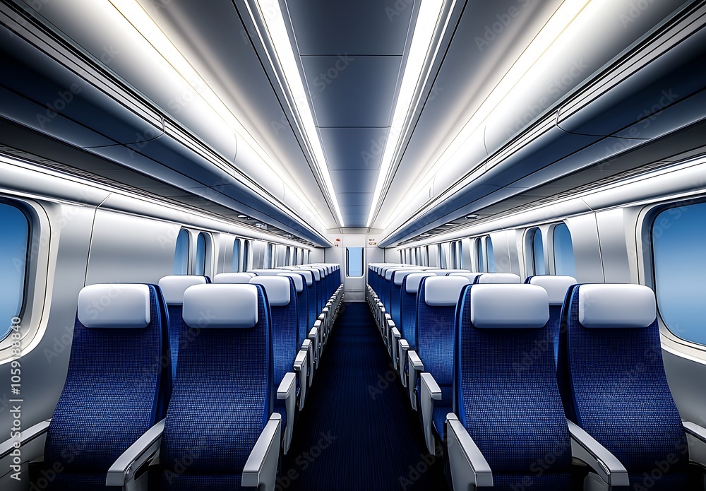 Obraz premium Modern High Speed Train Interior with Blue Seats and Bright Lighting for Comfortable Travel : Generative AI
