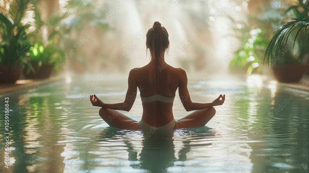 A serene scene of a woman meditating in tranquil water surrounded by lush greenery, evoking peace and mindfulness. A serene scene of a woman meditating in tranquil water surrounded by lush greenery, evoking peace and mindfulness.