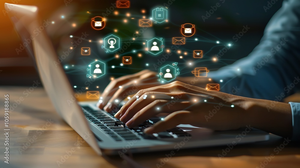 A person typing on a laptop with digital icons representing communication and security. A person typing on a laptop with digital icons representing communication and security.