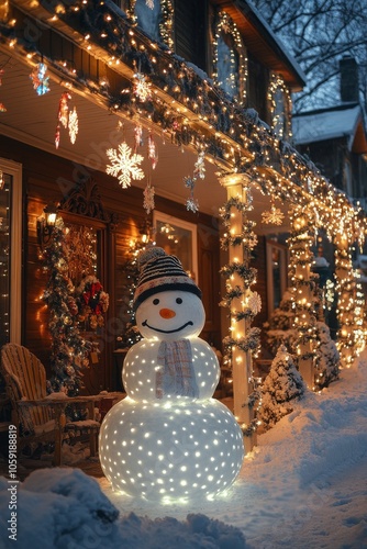 A cheerful snowman greets visitors at a warmly decorated front door during wi...