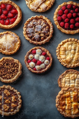 Delicious assortment of fruit and cream pies arranged artistically on a dark ...