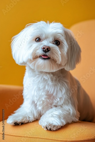 Adorable white dog with fluffy coat sitting on orange chair against yellow ba...