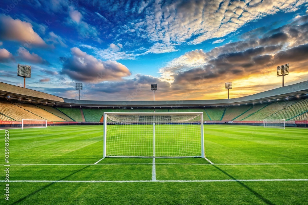 Obraz premium Wide-angle shot of a soccer field with goalposts and a distant stadium, athletic venue, sports field, distance, horizon line