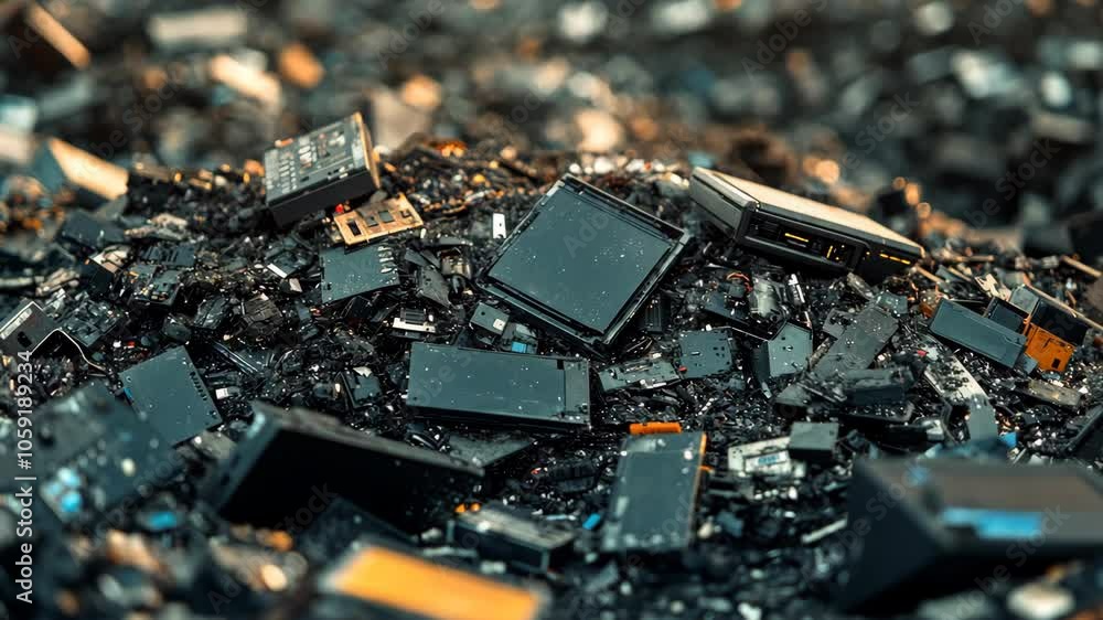 A pile of electronic waste sits in a recycling facility, waiting to be sorted and processed