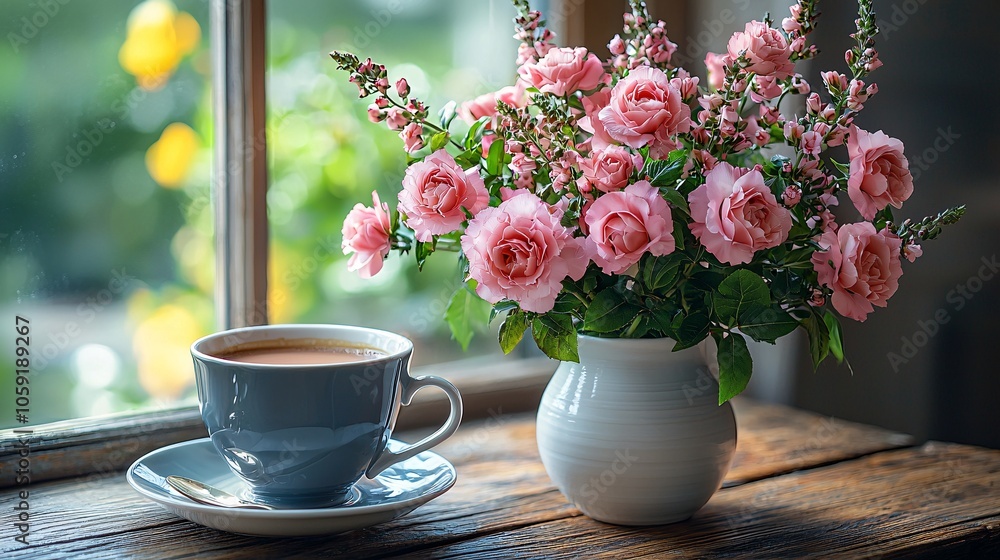 Serene Morning with Coffee and Pink Flowers Serene Morning with Coffee and Pink Flowers