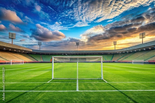 Wide-angle shot of a soccer field with goalposts and a distant stadium, athletic venue, sports field, distance, horizon line