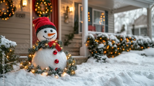 Snowman decorated with lights and garlands in a snowy front yard during the h...