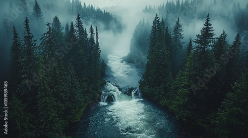 Serene Misty River Surrounded by Evergreen Trees photo