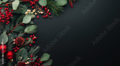 Colorful holiday foliage with red berries and green leaves on a dark background