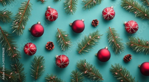 Festive red ornaments and pine branches arranged on a turquoise background fo...