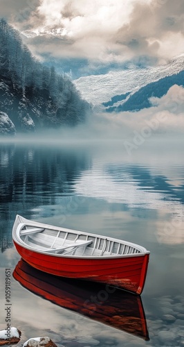 Serene red boat floating in calm lake surrounded by misty mountains in early ...