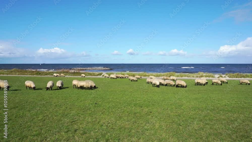 Sea beach in fall with sheep in strong winds and rough seas Sea beach in fall with sheep in strong winds and rough seas