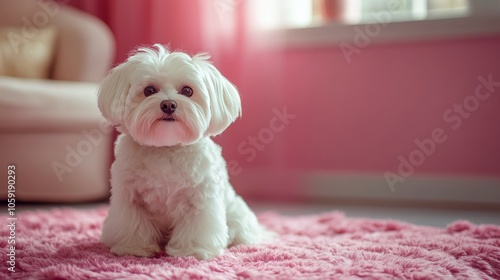 Adorable small white dog sits on pink rug in a cozy room with soft natural light