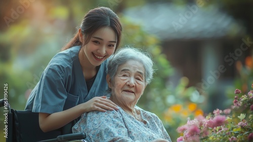 A young caregiver in blue scrubs lovingly supports an elderly woman in a wheelchair, both radiating joy among colorful flowers under the soft glow of garden sunlight.