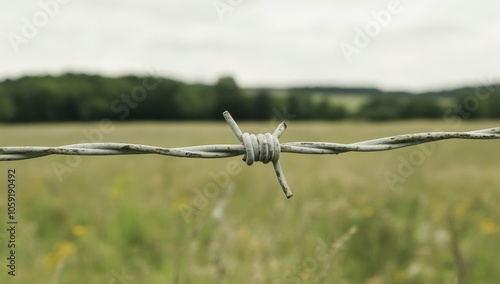 Barbed wire fence along a rural field at dusk with gentle sunlight illuminati...