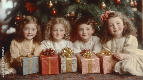 Three adorable children gazing at wrapped gifts under a Christmas tree in a c...