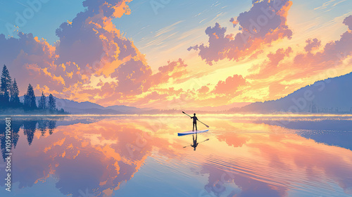 A lone figure paddleboards across a serene lake at sunset, surrounded by mountains and reflected clouds in the water.