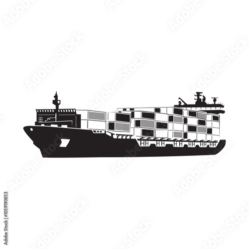 international container ship silhouette. sea ​​transportation means ship logo, logistics ship vector illustration