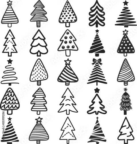Christmas Trees Silhouette Set, Merry Christmas And Happy New Year, Print On Custom T-shirts, Bags, Stationery, Poster And Stickers.