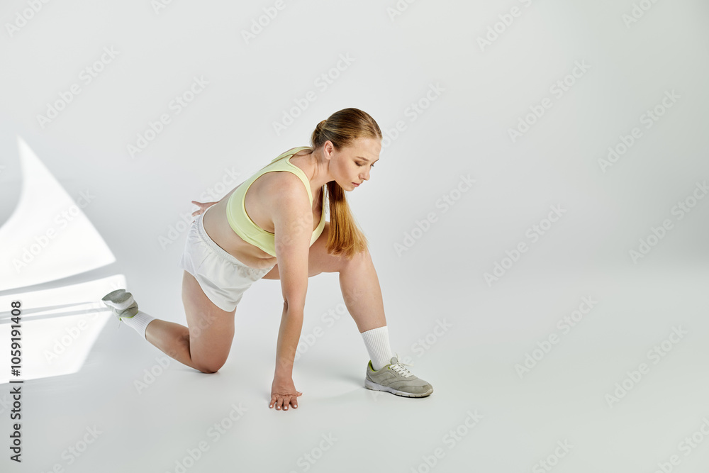 Fototapeta premium A fit woman engages in a deep stretch within a well-lit studio, focusing on her workout routine.