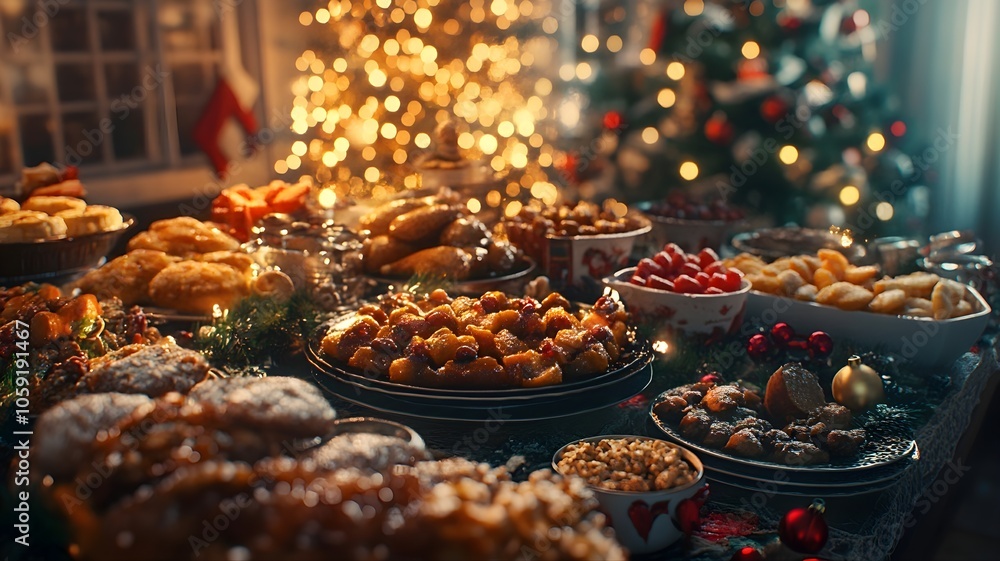 Christmas dinner table full of dishes with food and snacks, New Year's decor with a Christmas tree in the background. Buffet or catering concept Christmas dinner table full of dishes with food and snacks, New Year's decor with a Christmas tree in the background. Buffet or catering concept