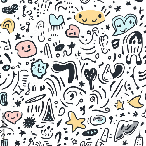 Playful Hand-Drawn Doodle Illustration with Abstract Characters, Seamless pattern.