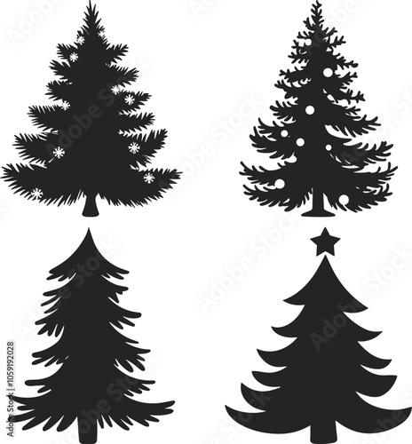 Christmas Trees Silhouette Set, Merry Christmas And Happy New Year, Print On Custom T-shirts, Bags, Stationery, Poster And Stickers.