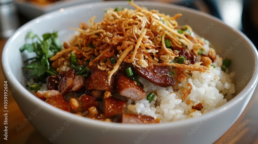 A bowl of xoi (sticky rice) topped with mung beans, fried shallots, and Vietnamese sausage, A bowl of xoi (sticky rice) topped with mung beans, fried shallots, and Vietnamese sausage,