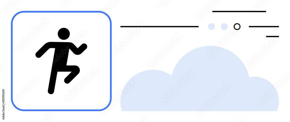 Silhouette of a person running inside a square with motion lines and a cloud graphic. Ideal for fitness, sports, speed, technology, workflow, performance, and competition themes. Line metaphor Silhouette of a person running inside a square with motion lines and a cloud graphic. Ideal for fitness, sports, speed, technology, workflow, performance, and competition themes. Line metaphor
