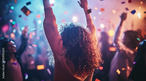 A woman with her arms raised celebrates with a crowd of people in a dark, brightly lit club.