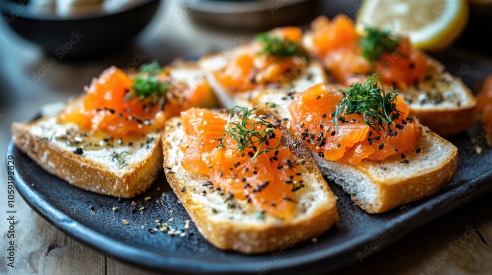 Delicious Slices of Bread with Salmon Garnish Delicious Slices of Bread with Salmon Garnish