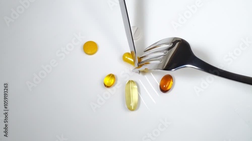 Vitamin Pills with Fork and Knife on white background