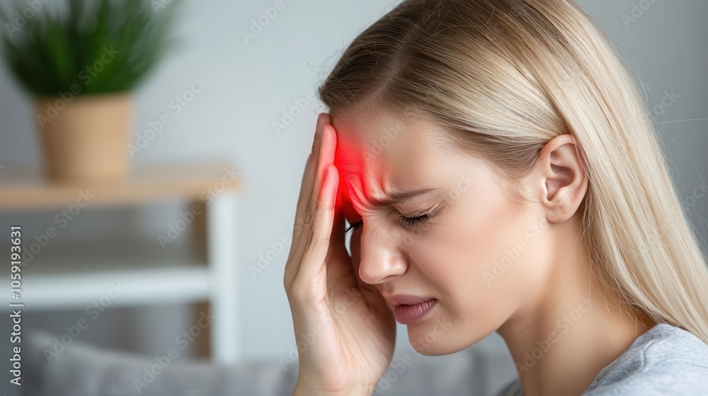 Person sitting on sofa with ear pain, holding side of head, relaxed background, earache, discomfort Person sitting on sofa with ear pain, holding side of head, relaxed background, earache, discomfort