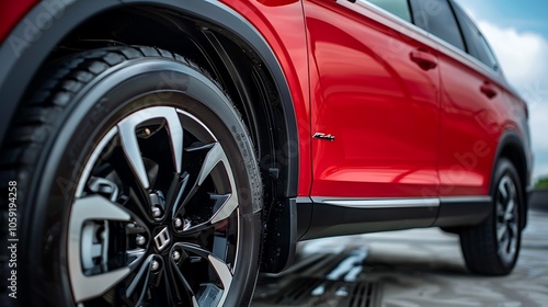 Close-up of a red SUV showcasing its stylish wheel and tire design.