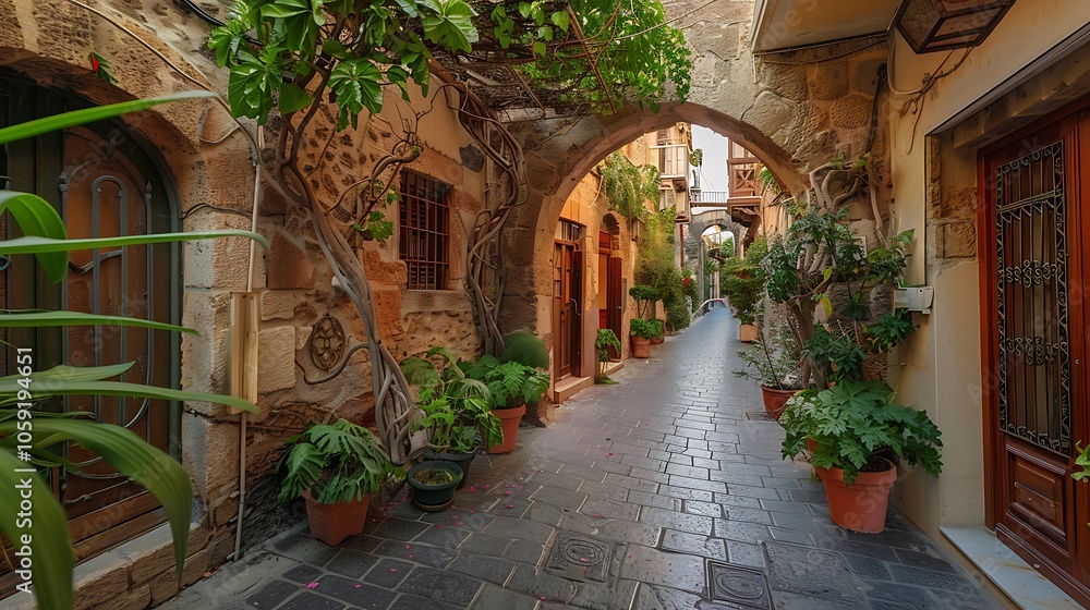 A charming, narrow street lined with potted plants and stone buildings, evoking a serene atmosphere. A charming, narrow street lined with potted plants and stone buildings, evoking a serene atmosphere.