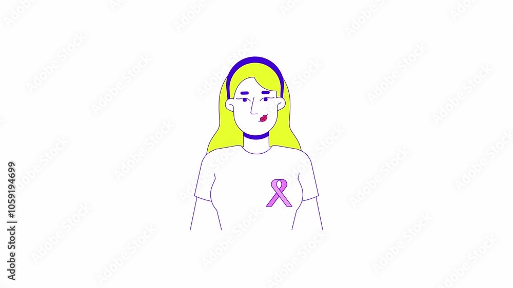 White woman wearing tshirt solidarity ribbon 2D character animation. Hope cartoon 4K video, alpha channel. Breast cancer awareness tee female caucasian blonde animated person on white background White woman wearing tshirt solidarity ribbon 2D character animation. Hope cartoon 4K video, alpha channel. Breast cancer awareness tee female caucasian blonde animated person on white background