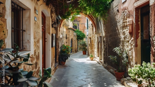 A charming narrow street lined with stone buildings and greenery, inviting exploration and leisure.