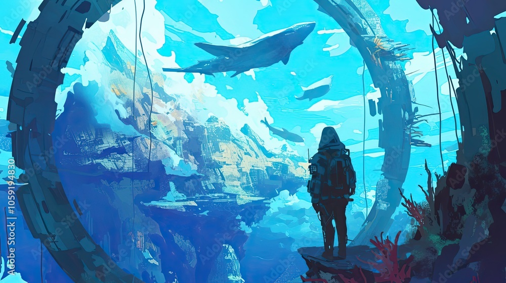 Fototapeta premium A lone figure gazing at a futuristic underwater cityscape through an archway