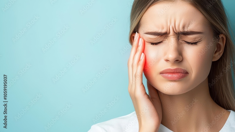 Woman pressing ear with fingers, slight discomfort, muted background, ear infection symptom Woman pressing ear with fingers, slight discomfort, muted background, ear infection symptom