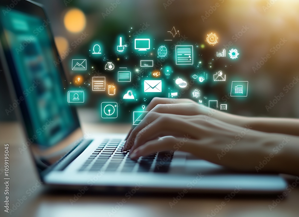 Modern Woman Working on Laptop with Floating Digital Icons Representing Technology : Generative AI Modern Woman Working on Laptop with Floating Digital Icons Representing Technology : Generative AI